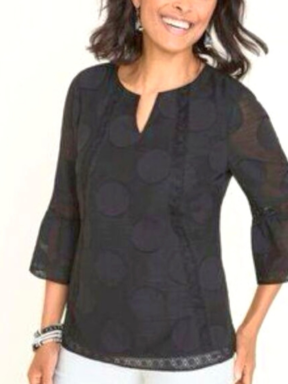 Chico's BlouseDot Pattern Black Lace Trim